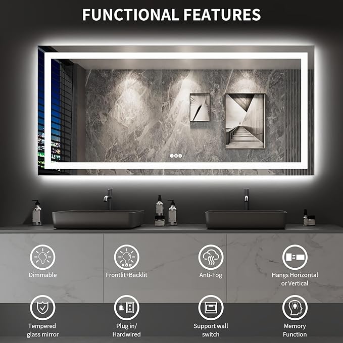 LOAAO 80"X40" LED Mirror for Bathroom, Lighted Bathroom Mirror with Lights, Anti-Fog, Dimmable, Memory Function, Easy to Install, Clear Reflection