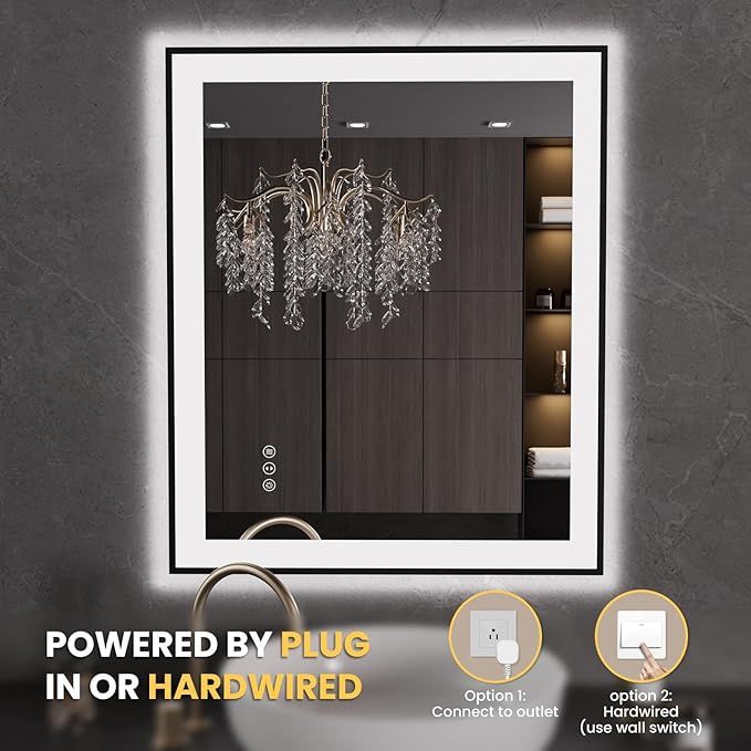 LOAAO 30"X36" LED Bathroom Mirror Black Framed, Anti-Fog, Dimmable, Lighted Bathroom Vanity Mirror for Wall, Memory Function, Tempered Glass