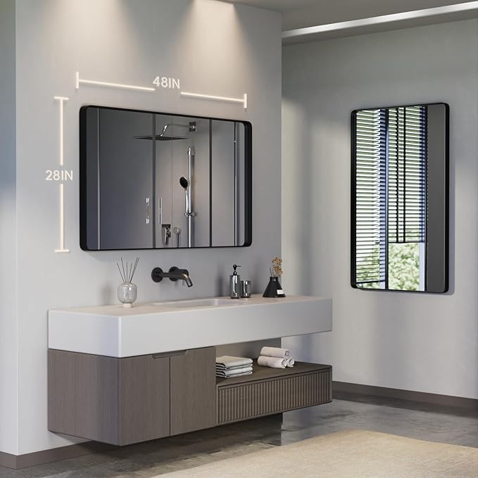 Bathroom Mirror for Wall, 48x28 Inch Matte Black Framed Bathroom Vanity Mirror for Farmhouse Living Room Bedroom, Anti-Rust, Tempered Glass, Horizontal/Vertical