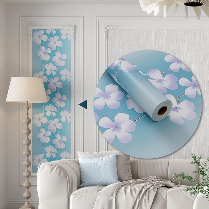 Blue Flora Peel and Stick Wallpaper 20.8"x394" Thick Slight Embossed Linen Textured Wall Paper Self-Adhesive Removable Wallpaper Vinyl Film Roll for Home Use(Blue Flora, 20.8"x394")