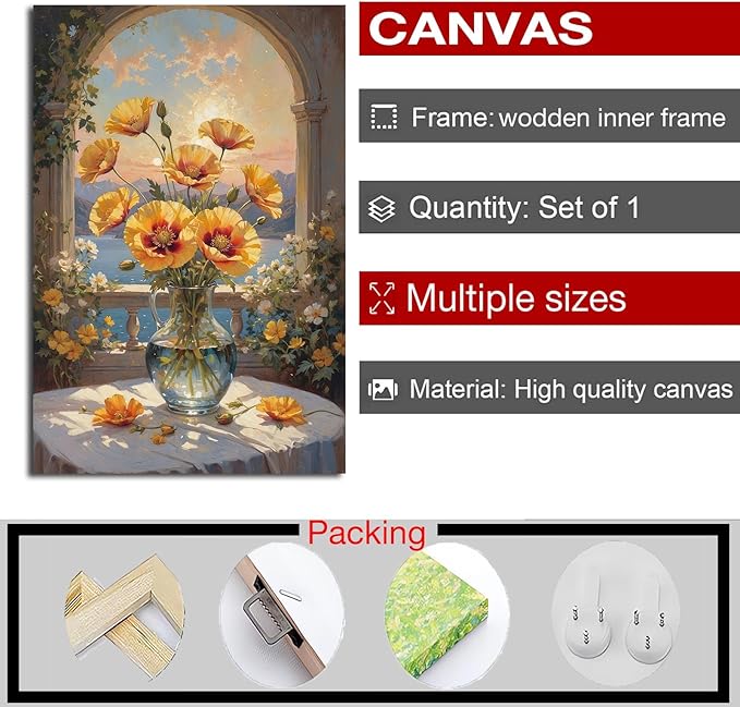 Yellow poppy flower canvas painting glass pitcher arched window tranquil lake mountains sunset sky pink orange clouds climbing vines stone columns home bedroom living room plant wall art decoration