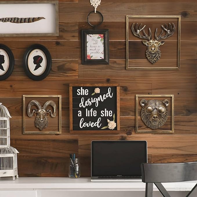 JJALIGHTS Animal Heads Wall Decor (Includes Metal Frame) Resin Animals Sculptures Head Wall Hanging Decoration Imitation Copper vintage Wall Sculpture for Living Room Bedroom Office (Bear)