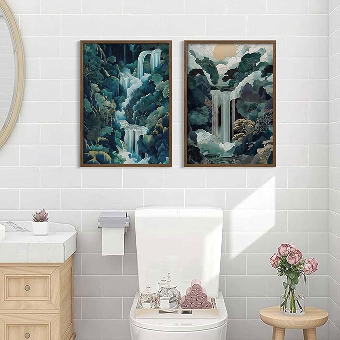 2pcs Framed Japanese Canvas Wall Art Painting Large Waterfall Scenery Poster Print Wrap Canvas Artwork Nature Scenery Abstract Blue Waterfall Zen Art Print Living Room Bedroom Office Decor 12x16 Inch
