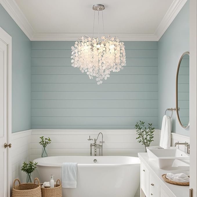 6-Light Capiz Shell Chandeliers, 18 Inch Modern Coastal Light Fixture for Living Room Bedroom, Round Crystal Tree Branch Pendant Lighting for Bathroom Foyer Kitchen Island, Silver