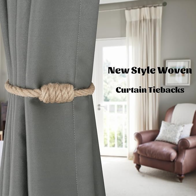 BEL AVENIR Magnetic Jute Curtain Tiebacks, Decorative Drapery Holdbacks Bohemian Style Woven Tie-Backs with Exquisite Knot (Jute, 6 Pack)