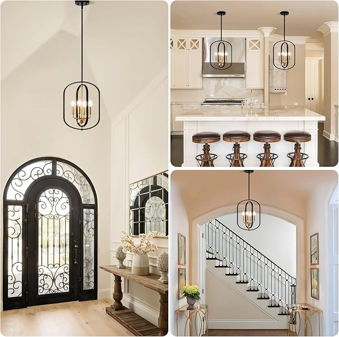 Black and Gold Chandelier Light Fixture, 4-Light Dining Room Chandelier Over Table Farmhouse Rustic Small Entryway Chandeliers Island Pendant Lights for Kitchen Entryway Foyer Living Room