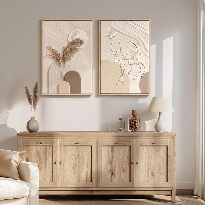 Large Framed Neutral Abstract Wall Art for Living Room, 2 Piece Tan and Cream Beige Canvas Prints Paintings Artwork for Walls, Woman Silhouette Big Pictures for Bedroom Dining Room Office Wall Decor