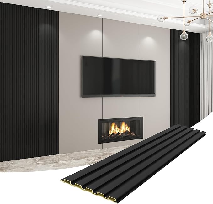 8-Pack WPC Wall Panels 118’’ x 6.3’’ 3D Slat Wall Panel Acoustic Wall Paneling for Interior Wall Decor TV Background Kitchen Bedroom Black