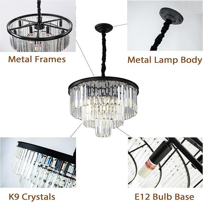 Black Modern Crystal Chandelier Lighting K9 Crystal Round Chandelier Hanging Ceiling Light Fixture 3-Tier Contemporary Crystal Pendant Light for Dining Room Living Room Bedroom 21.68inch