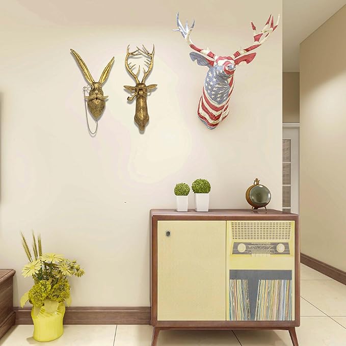 Animal Head Wall Art Decor,DIY Handcrafts Rabbit Head Resin Animal Wall Mount Art Decor Bronzed Bunny Wall Hanging Ornaments Vintage Art Wall Sculptures Home Decoration for Bedroom Holiday Gifts