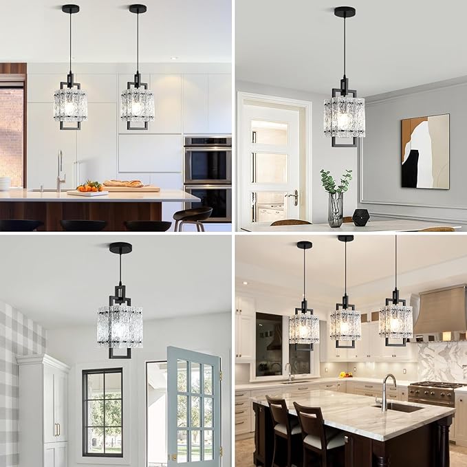 Modern Pendant Lights Kitchen Island 2 Pack Matte Black Pendant Lights Water Ripple Glass Square Pendant Lighting Over Island Hanging Pendant Light Fixtures for Kitchen Dining Room Hallway Foyer