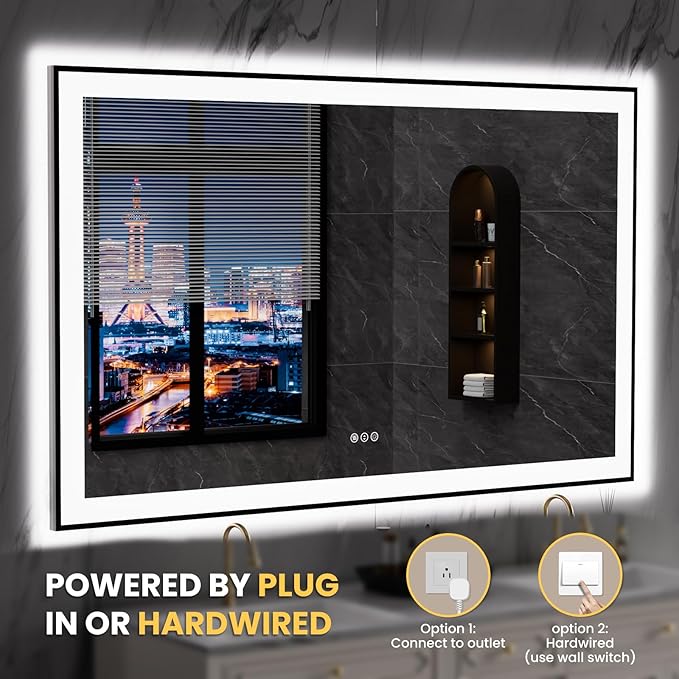 LOAAO 60"X36" LED Bathroom Mirror Black Framed, Anti-Fog, Dimmable, Lighted Bathroom Vanity Mirror for Wall, Memory Function, Tempered Glass