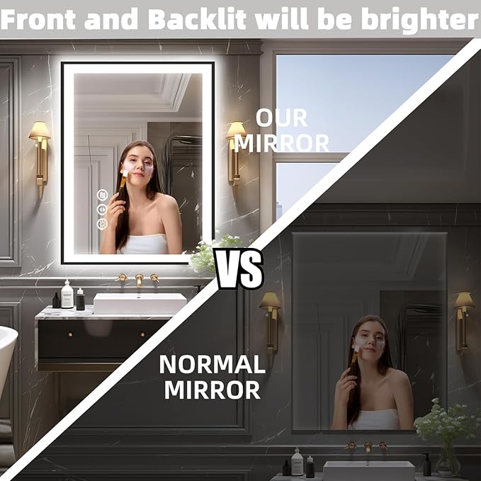 20x28 LED Bathroom Mirror for Wall, Black (Metal, Aluminum) Framed, Front Light and Backlit, 3 Colors and Dimmable Vanity Mirror, Anti-Fog, Shatter-Proof, Memory (Horizontal/Vertical)