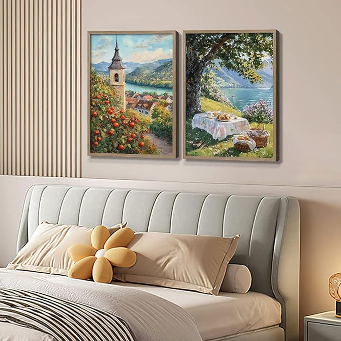 2 Pcs Wooden Framed Vintage Landscape Wall Art Pastoral Scenery Poster Countryside Scenery Artwork Canvas Print Lakeside Tree Shade Gallery Picture Living Room Bedroom Office Wall Decor 12x16 Inch