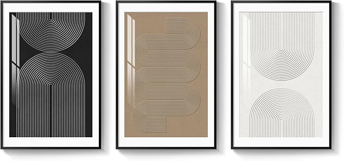 Large Framed Boho Neutral Abstract Wall Art, 3 Piece Modern Art Prints Paintings Artwork for Walls, Minimalist Black White Brown Geometric Pictures for Living Room, Dining Room, Bedroom Wall Decor