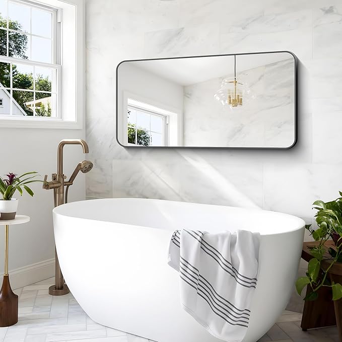BONEWEI 24x48 inch Bathroom Mirror,Black Rectangle Mirror,Wall Mounted Bathroom Frame Vanity Mirror with Round Corner for Bedroom Living Room, Entryway Hangs Horizontal or Vertical