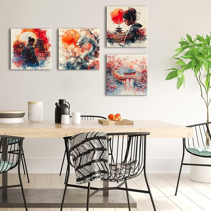 Japanese Wall Art Vintage Abstract Warrior Armored Geisha Canvas Pictures for Living Room Nature Landscape Oriental Posters Asian Dragon Japan Wall Decor Bedroom Office Home Decorations 12x12" 4 Pcs