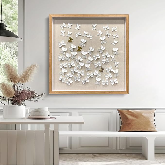 BrightA3D Textured wall decorations, leather and metal-tinged golden and white metal butterfly wall sculptures, large artworks, gradient colors, modern artworks, suitable for decoration in living rooms and bedrooms. 31.5"x31.5"
