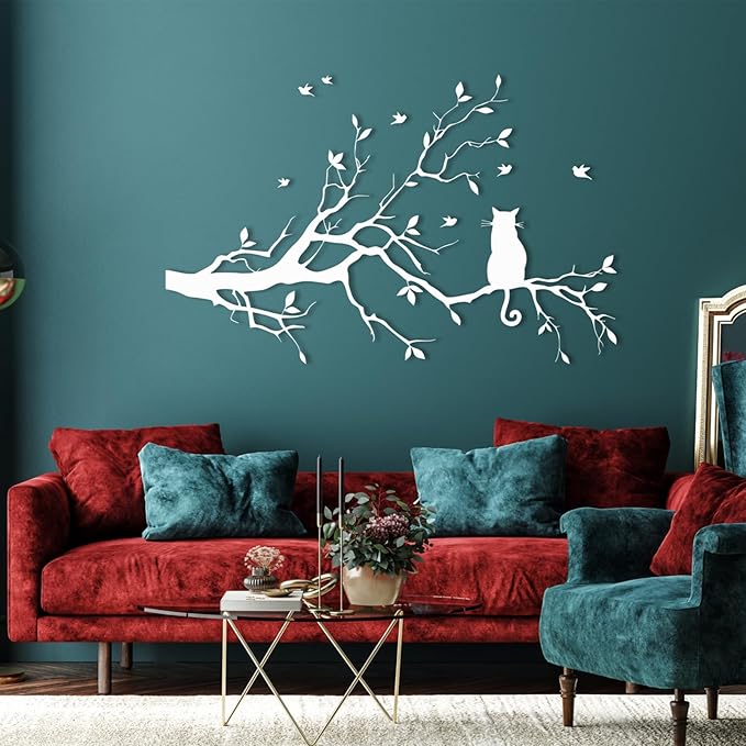 Cat on Tree Branches Metal Wall Decor - Silhouette Trees Birds Metal Wall Art, Tree of Life Silhouette, Birds on Branch Iron Sign for Living Room, Bedroom (Black, 30x19in|76x49cm)