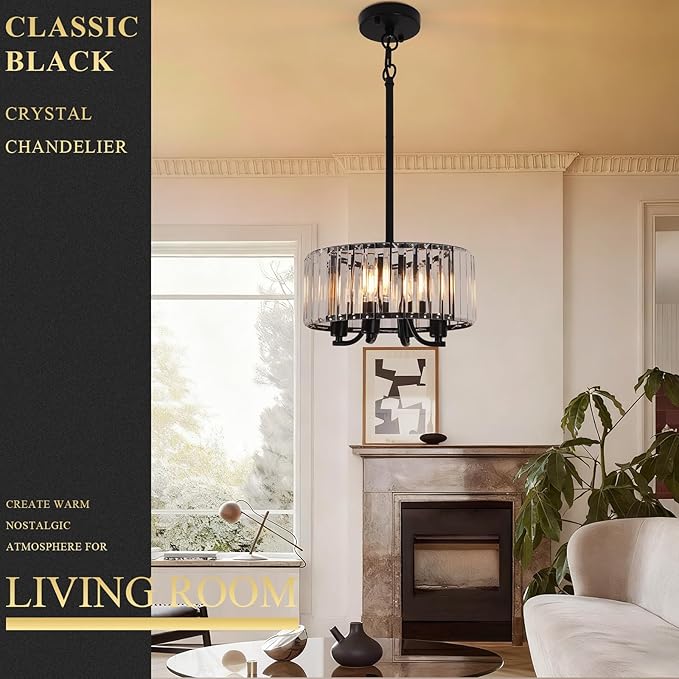 Black Crystal Chandelier, 4-Light Small Modern Semi Flush Mount Ceiling Chandelier Light Fixtures,Round Hanging Lighting Fixture for Bedroom Living Room Kitchen Hallway Entryway, E12 Base, 11.6 Inch