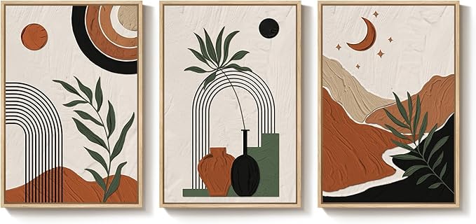 Boho Framed Canvas Wall Art, 3 Pieces Beige Black Orange Abstract Geometric Prints, Boho Wall Hanging Pictures for Living Room, Hallway, Office - Total 30x60 Inch