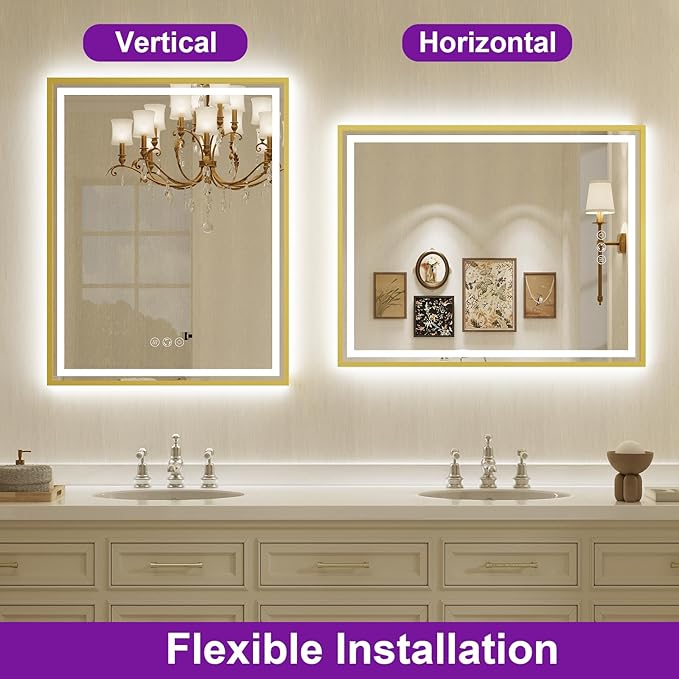 LED Bathroom Mirror, 40x30 Inch Frontlit & Backlit Gold Framed Lighted Mirror,Wall Mouted Vanity Mirror with Lights,Double Lights Strips,Anti Fog Stepless 3 Colors Temperature & Dimmable