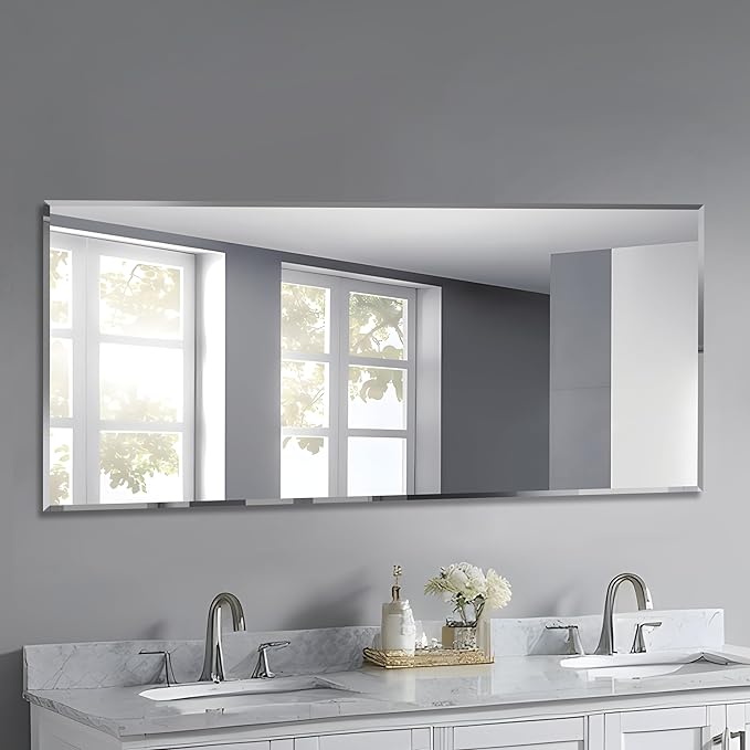 60x28 Inch Bathroom Mirror Frameless Beveled Edge Rectangle Wall Mirror Explosion Proof and Shatterproof Bathroom Vanity Mirror Wall Mounted Hang Firmly (Horizontal or Vertical)