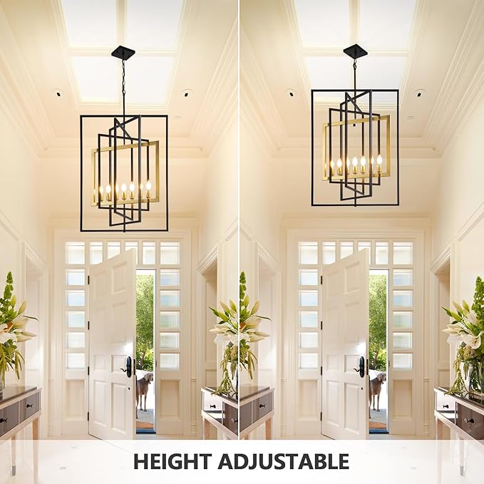 Black and Gold Chandelier, 7-Light Farmhouse Lantern Pendant Light Fixtures, Rustic Industrial Foyer Lighting Fixtures, Large Chandeliers for High Ceilings, for Kitchen Island, Staircase, Entryway
