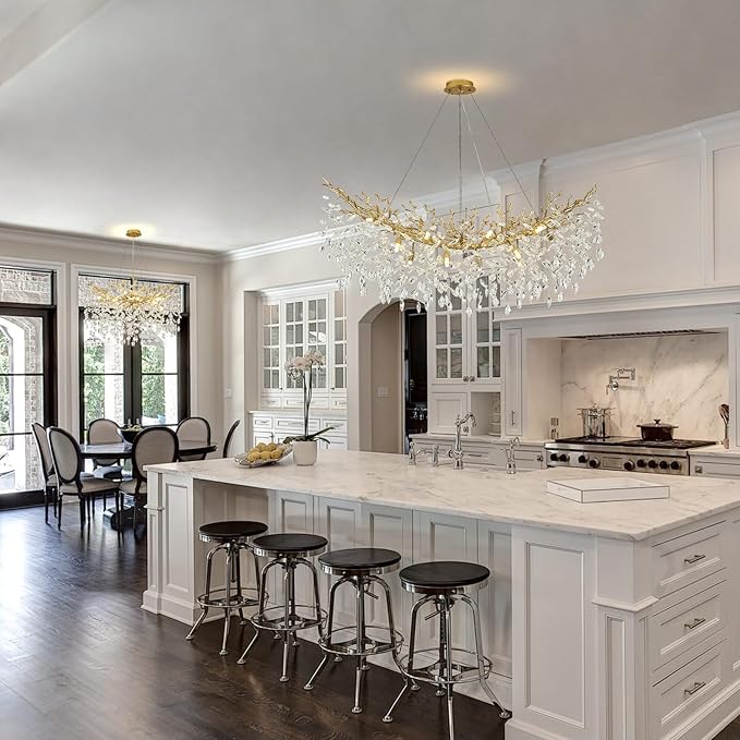 Modern Crystal Chandelier for Dining Room, 47" Gold Tree Branches Chandeliers 14 Lights Large Rectangular Chandeliers for High Ceilings Hanging Lights Fixture Master Bedroom Chandelier