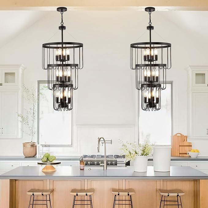 Black Chandelier, 12-Light Farmhouse Chandelier for Entryway, Industrial Foyer Lighting Fixtures, Large Chandeliers for High Ceilings, Modern Hanging Pendant Lights for Staircase, Entryway