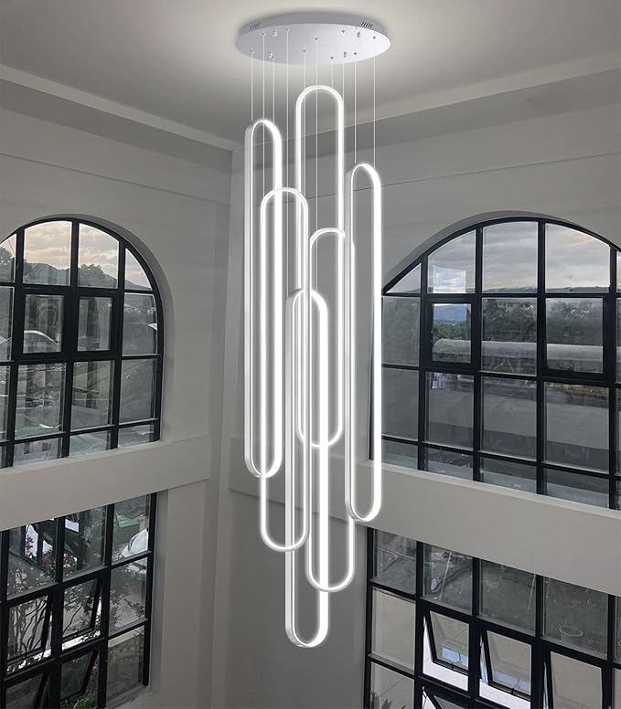 Modern Large Chandelier for Foyer 6 Rings LED Dimmable Silver Chandeliers High Ceiling Chandelier for Staircase Living Room Villa Sliver