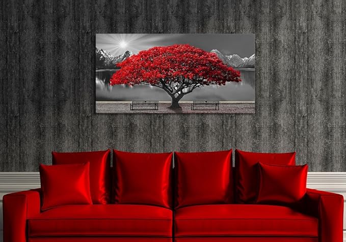 Mofutinpo Black and White Red Tree Wall Art Canvas Print Picture Large Red Tree Landscape Modern Artwork for Living Room Bedroom Office Home Wall Decor With Frame 24X48inch