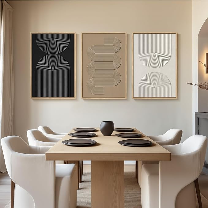 Large 3D Textured Framed Boho Neutral Abstract Wall Art for Living Room, 3 Piece Modern Paintings Artwork for Walls, Black White Brown Minimalist Geometric Pictures for Hallway Office Wall Decor 24x36 In
