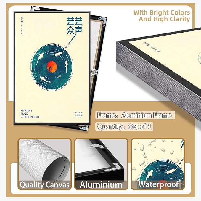 Japanese Canvas Wall Art Retro Music Cover Poster Modern Ukiyo-E Picture Asian Aesthetic Prints Painting For Home Bedroom Dorm Living Room Wall Decor 24x36in Framed