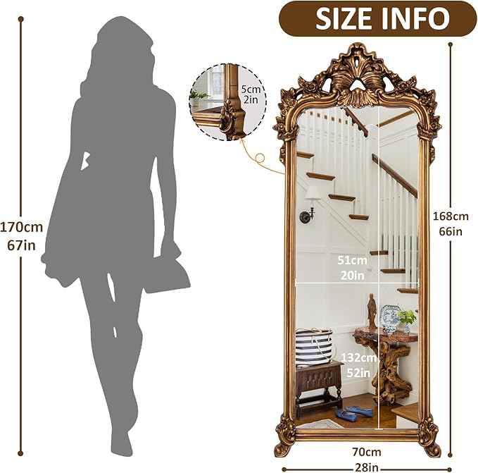 Large Gold Vintage Mirror, 66"x28" Arch Full Length Mirror with Ornate Lightweight PU Frame, Traditional Carved Top Decorative Mirrors for Living Room Dining Room Bedroom Entryway