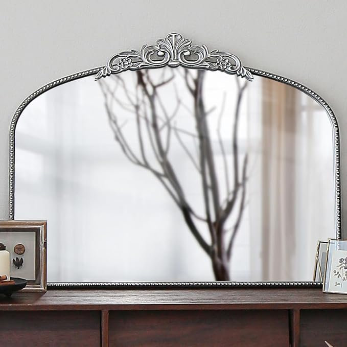 Micasso Vintage Baroque Silver Mirror: 29" x 36" French Vintage Mirror - Traditional Ornate Decorative Arched Mirrors for Wall/Bathroom/Entryway/Fireplace/Hallway - Home Decor for Living Room