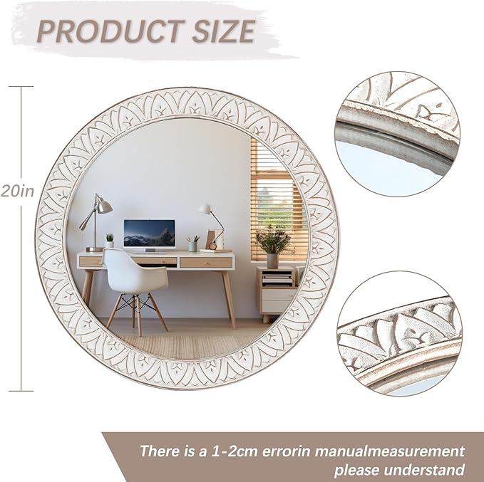 20" Round Rustic Mirror Wooden Frame Circle Mirrors, Distressed Wall Mounted Mirror for Bathroom, Bedroom, Living Room, Entryway, Fireplace, Hall