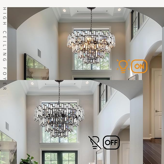 Modern Crystal Chandelier Lighting Hall Grand Living Room Stairway Chandeliers Pendant Light Fixture for High Ceiling Hanging Round Large Black & Bronze