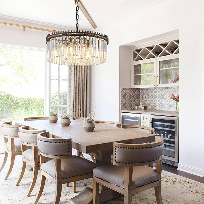 6-Light Crystal Chandelier, 21.6" Modern Farmhouse Crystal Light Fixture, Vintage Antique Bronze Round Hanging Lighting Fixture for Dining Room Foyer Living Room Entryway