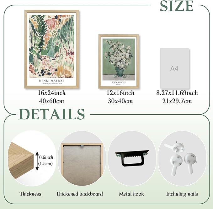 LLEEMPI Matisse William Morris Wall Art Set of 3, Sage Green Botanical Wall Decor, Abstract Van Gogh Flowers Canvas Prints, Vintage Florals Poster Print for Bedroom Bathroom Wood Framed 12x16 Inch