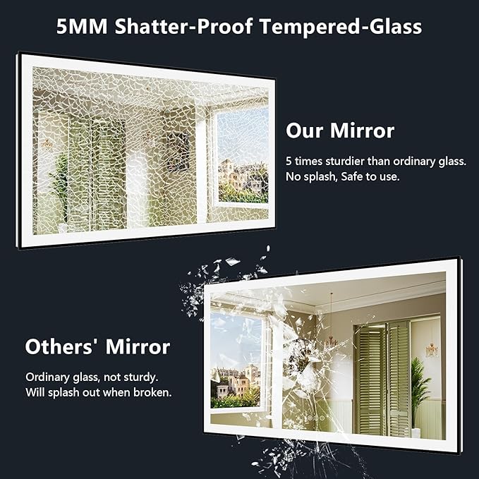 66x40 Inch LED Bathroom Mirror with Lights (Front Lit and Backlit) Black Framed Lighted Vanity Mirror for Bathroom Wall Dimmable Anti-Fog Memory Tempered Glass Horizontal/Vertical