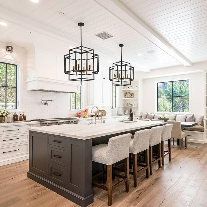 4-Light Black and Gold Chandelier, Modern Dining Room Light Fixture, Farmhouse Hanging Lantern Pendant Light, Industrial Ceiling Foyer Chandeliers, for Kitchen Island,Staircase,Entryway