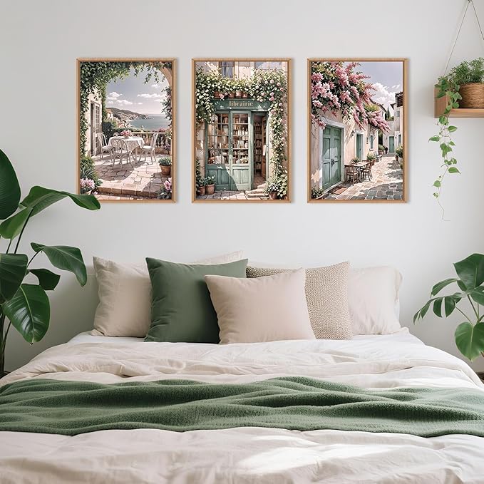 Modern French Flower Street Framed Canvas Wall Art Set,Romantic Green Landscape Wall Decor,Vintage Mediterranean Bookstore Neutral Coast Cityscape Artwork for Living Room, Bedroom-24 x36 x3