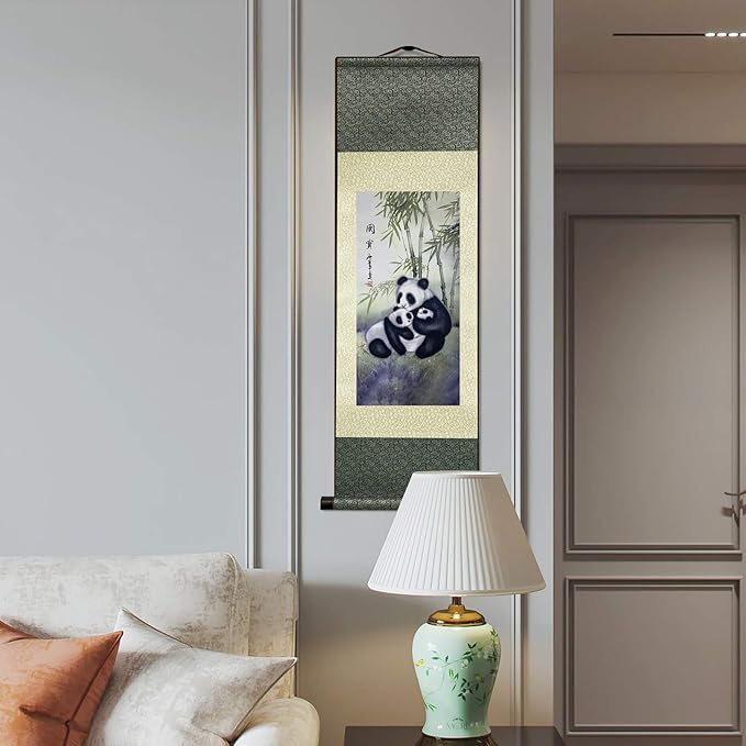 AtfArt Asian Wall Decor Beautiful Silk Scroll Painting Chinese Panda National Treasure Oriental Decor Chinese Art Wall Scroll Wall Hanging Painting Scroll (36.2 x 12 in)