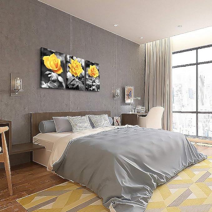Canvas Wall Art For Bedroom Living Room Bathroom Wall Decor For Kitchen Wall Pictures Artwork Black And White Yellow Rose Flowers Paintings 12" X 16" 3 Pieces Framed Modern Office Home Decorations