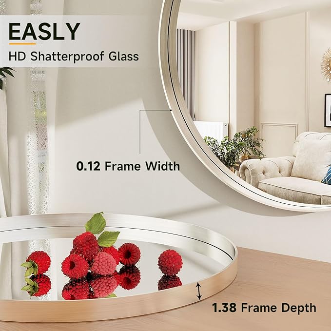 32 Inch Silver Round Wall Mounted Circle Mirror with Metal Frame - Modern Mirror Suitable for Bathroom, Vanity, Entryway, Living Room, Wall Decor