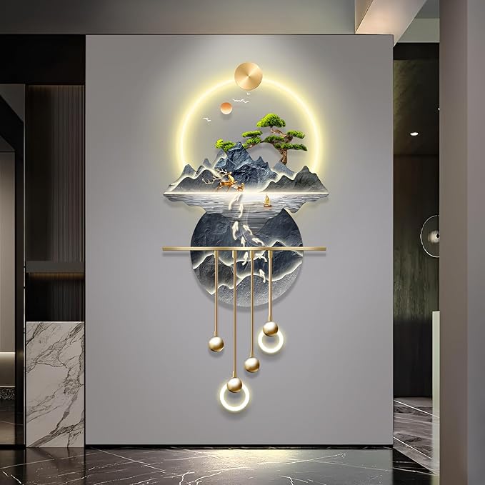 XQDYSG Wall Sculptures 3D Wall Art Decor Landscape Painting Wall Hanging Art with Led Light for Living Room Entrance Corridor (Stylle E)