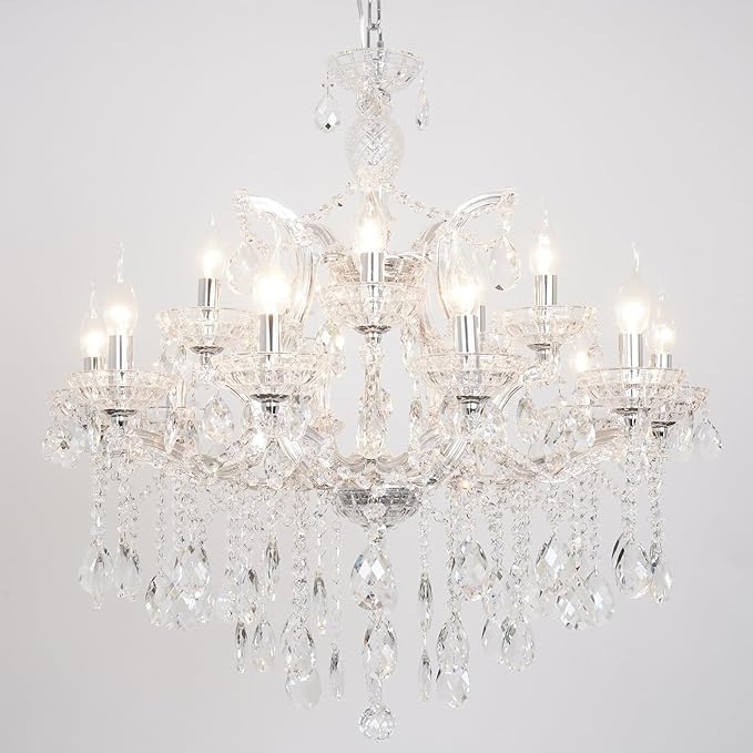 Modern Chrome Chandelier Light Fixture - Luxurious Maria Theresa Crystal Chandeliers for Dining Room, Kitchen Island, Living Room, Staircase, 15 Lights, 2 Layers