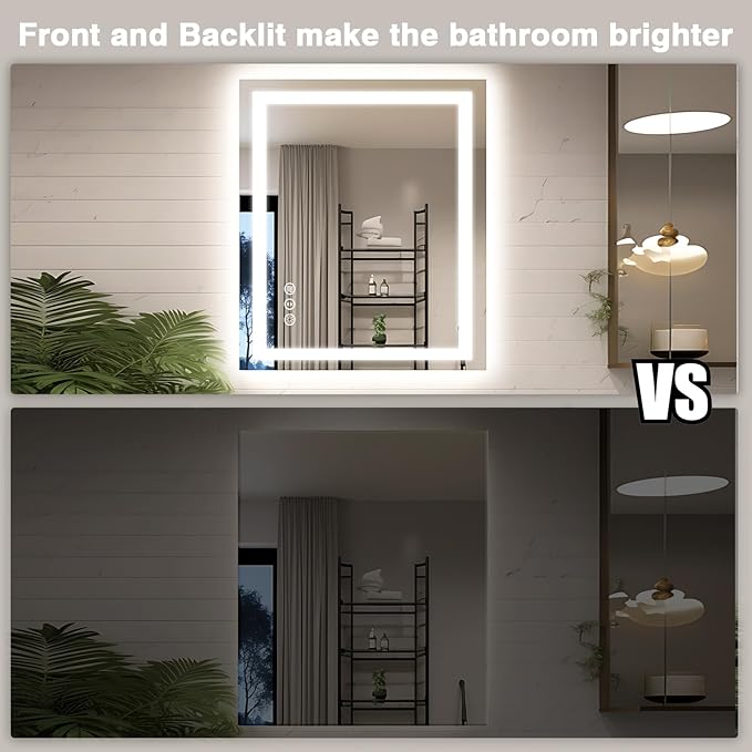 30"x36" LED Bathroom Mirror with Lights, Front and Backlit Mirror, Anti-Fog Vanity Mirror with Lights, Stepless Dimmable LED Mirror, 3 Colors Smart (Horizontal/Vertical)