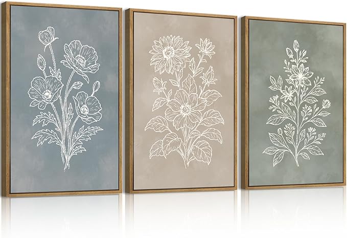 Anyzal Large Botanical Farmhouse Wall Art Floral Painting Boho Plant Artwork for Living Room Bedroom Dining Room 24x36 Inch Set of 3